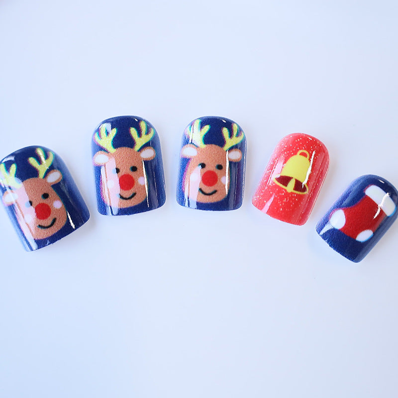 Reindeer Nails in Red and Blue | Christmas Press On Set with Bell Motifs | Short Square Tips, Easy To Apply
