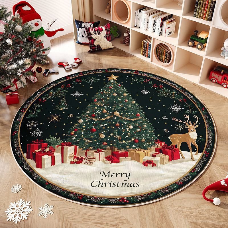 Christmas Tree Round Rug with Gifts and Snowflakes | Machine Washable Festive Floor Mat | Several Seasonal Sizes