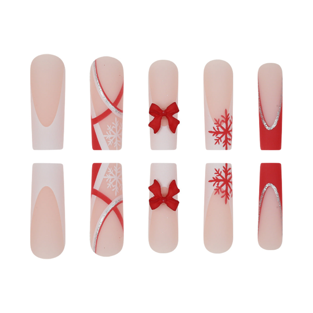 Snowflake Christmas Nails with Bow Motifs | Press On Nail Set with Adhesive Tabs | Festive Winter Manicure at Home