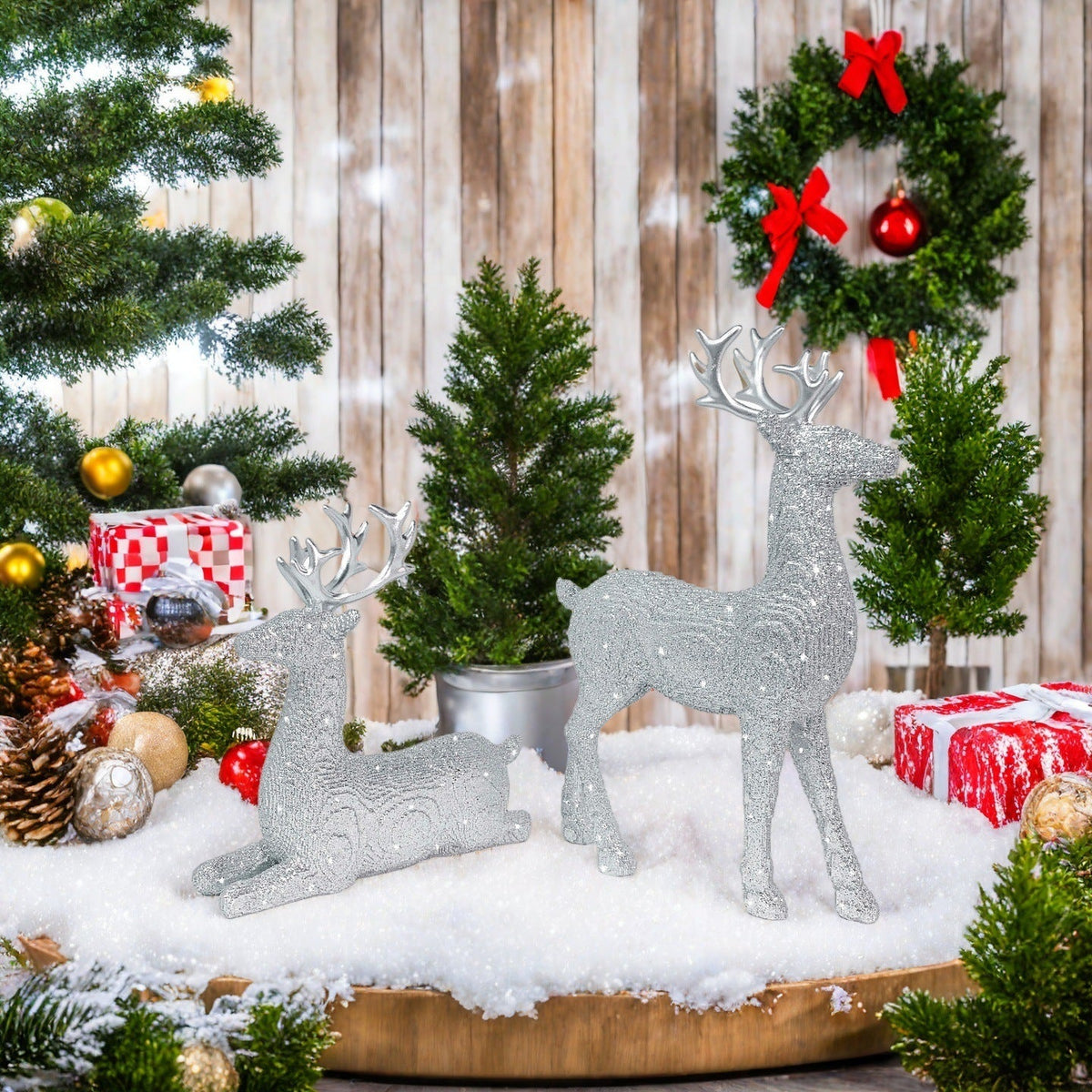 Reindeer Christmas Figurine Set of Two in Glitter Resin | 30 cm and 15.5 cm Tall Deer Decor | Silver, Red or Gold
