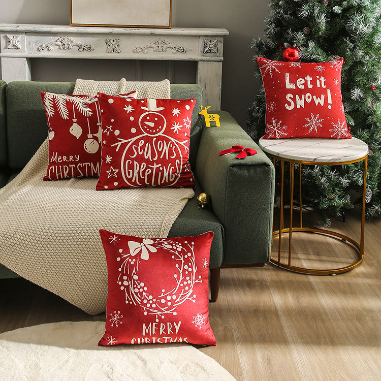 Velvet Christmas Pillow Cover with Season's Greetings Script | Hidden Zipper, Machine Washable | Red Holiday Decorations