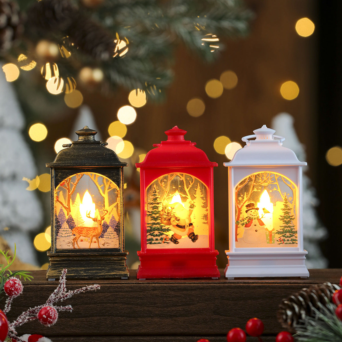 Illuminated Christmas Lanterns with Santa and a Snowy Backdrop | Warm Glow for Indoor or Outdoor Use | Compact Mantel Decor