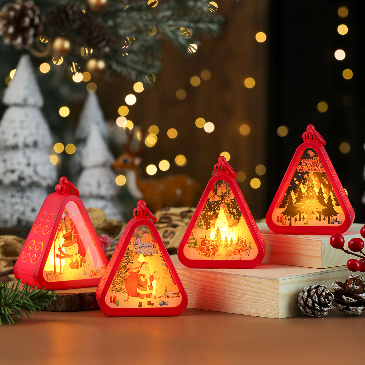 Tree Shaped Christmas Decorations with Santa and a Snowy Scene | Hanging Light Box with On Off Switch | Warm Glow for Indoor Use
