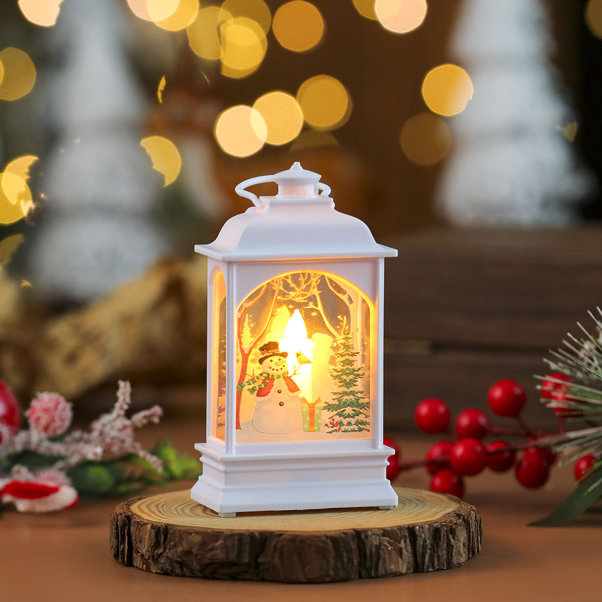 Snowman Scene Christmas Decorations in a Small Flame Lantern | Glittering Trees Around the Figure | Soft Glow for Tabletops