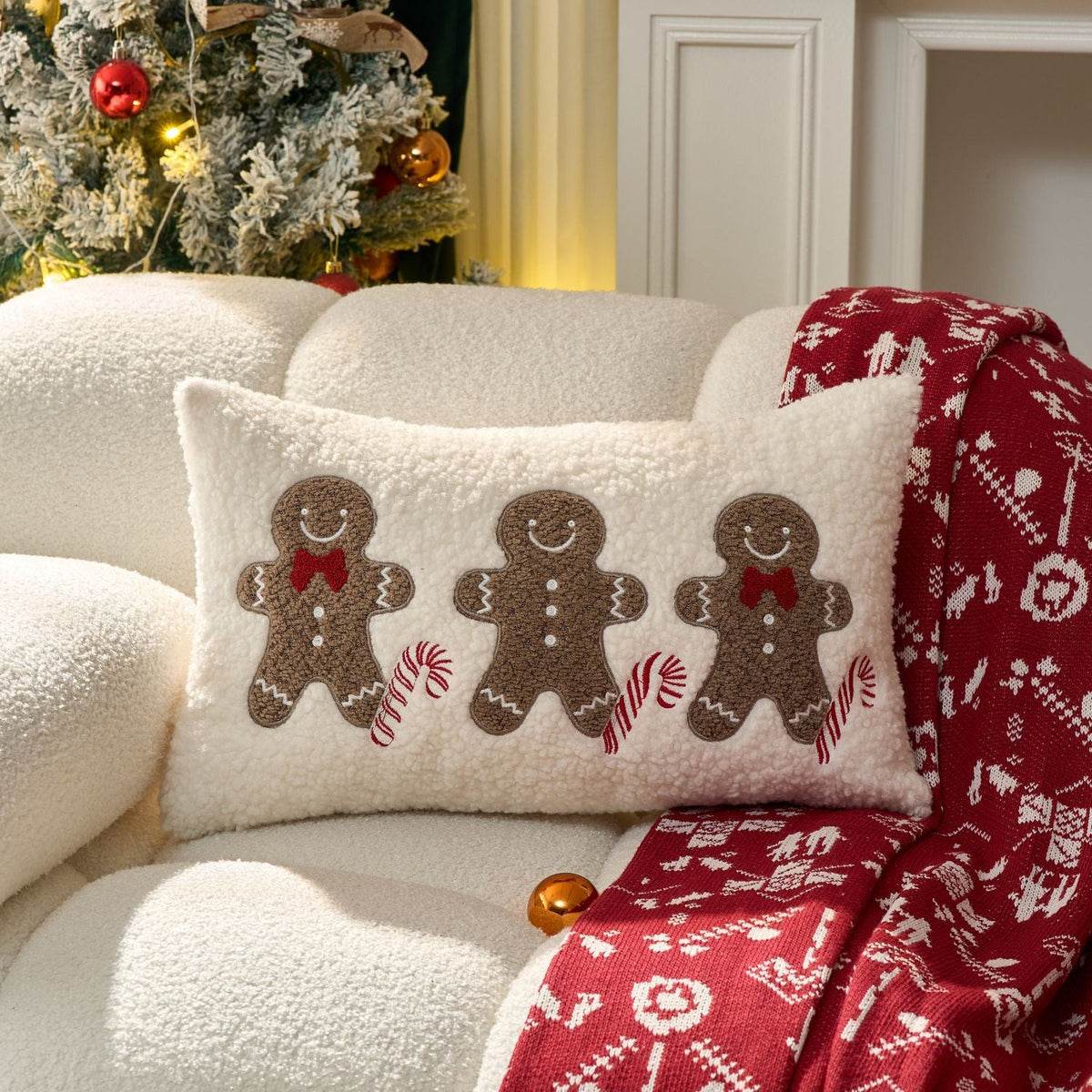 Tufted Chenille Merry Christmas Lumbar Pillow | Piped Edge on a Woven Cover | Red and Green Festive Decorations