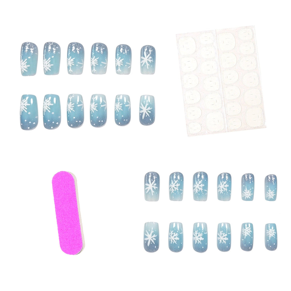 Frosted Snowflake Christmas Nails in Icy Blue | Press-On Set with Adhesive Tabs and File | Break-Resistant Gel Formula