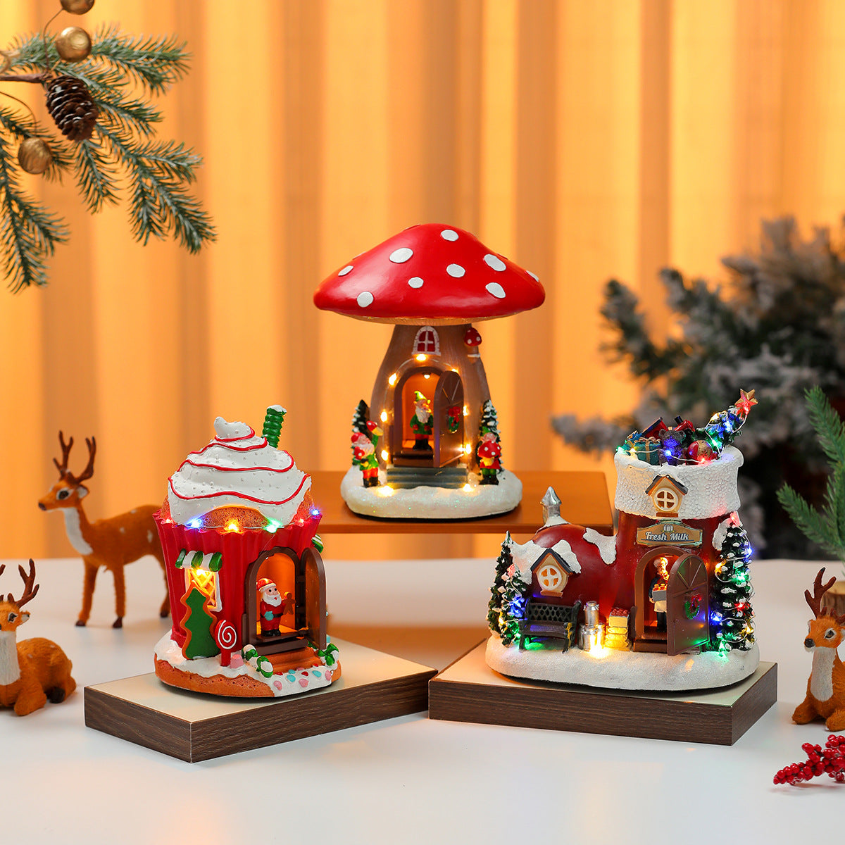 Christmas Village House with LED Lights | Candy and Mushroom Cottage Designs | Lit Tabletop Holiday Decoration