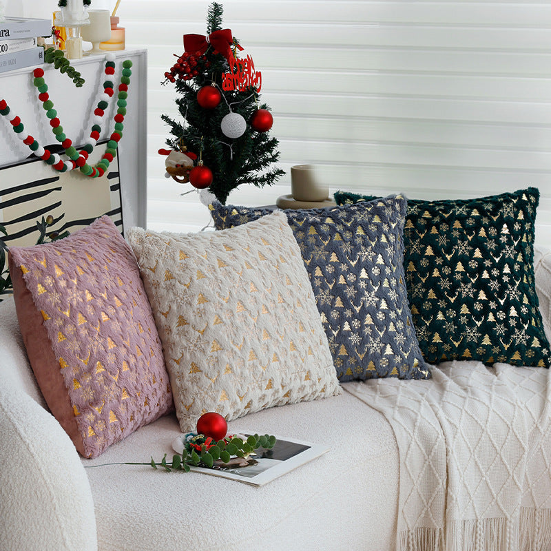 Gold Christmas Pillow Cover with Tree and Reindeer Print | Square Velvet Look Fabric, Hidden Zipper | Eight Designs in Three Sizes