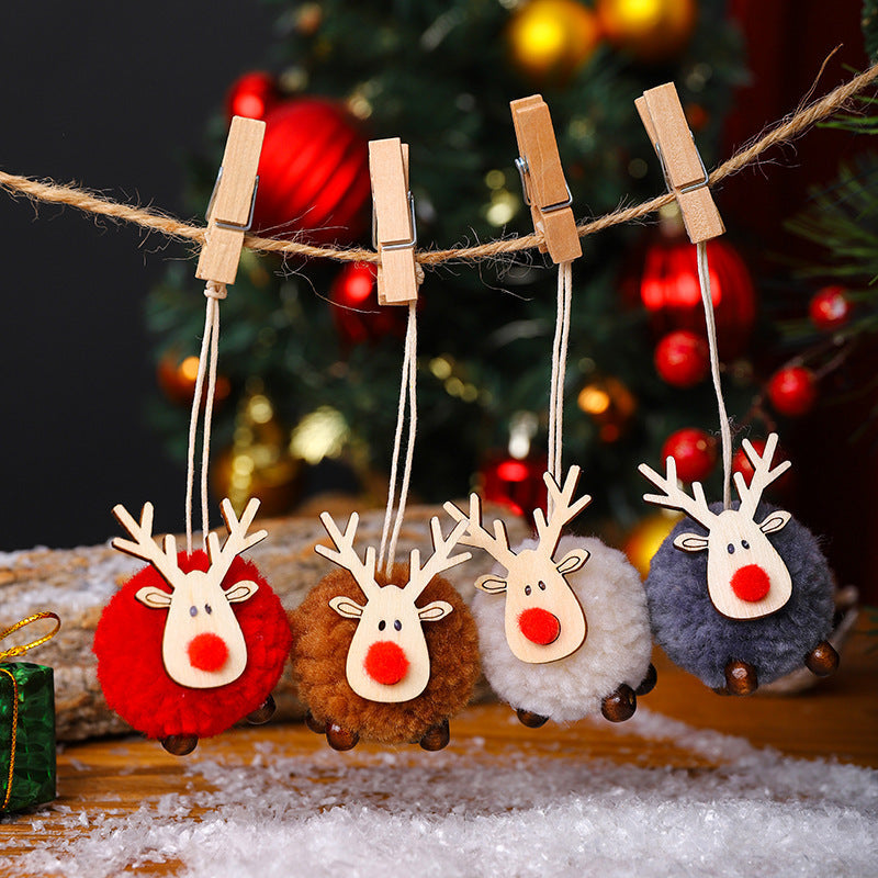 Reindeer Ornaments with a Pompom Body and Wood Antlers | Brown, White, Red or Grey | Christmas Decorations to Hang