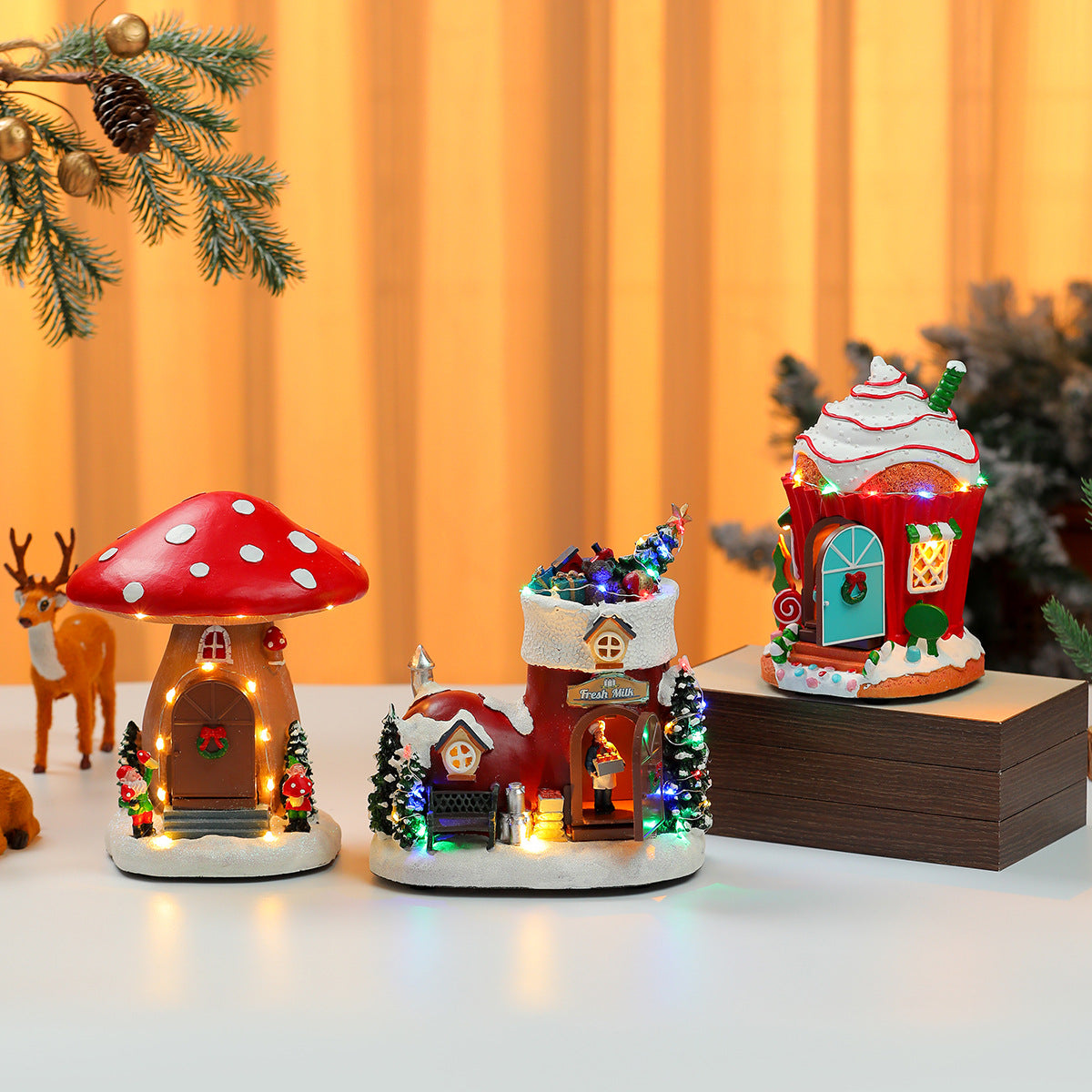Christmas Village House with LED Lights | Candy and Mushroom Cottage Designs | Lit Tabletop Holiday Decoration