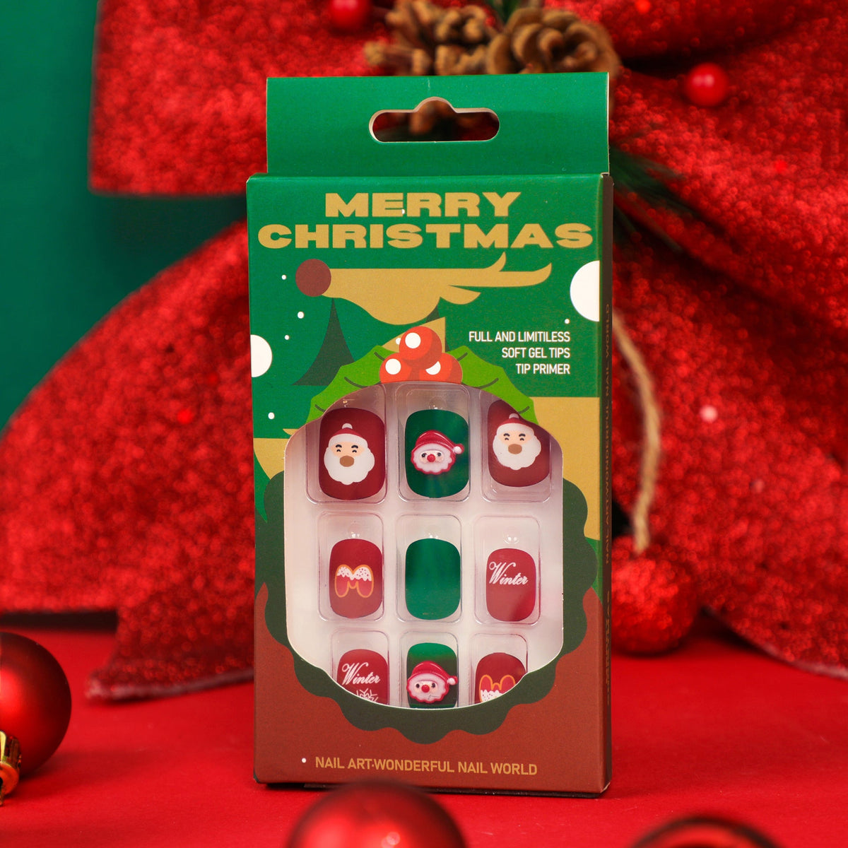 Santa Nails in Red and Green | Festive Press On Tips with Snowflake Accents | Short Square Shape for Holiday Parties