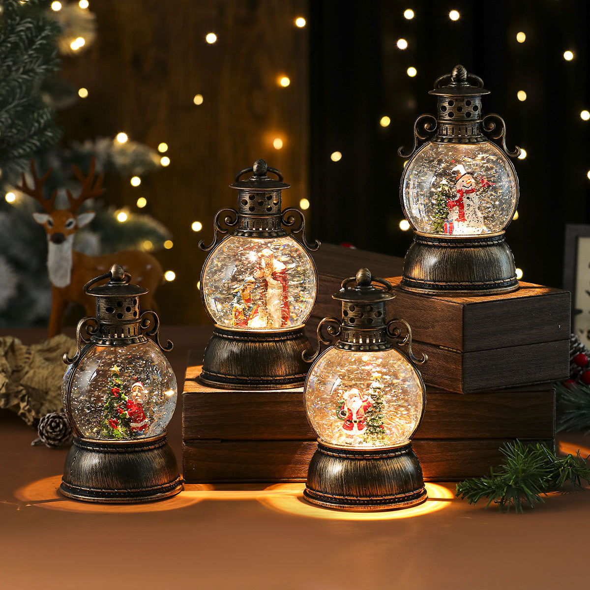 LED Christmas Lights in a Glass Dome Lantern with Santa and a Fir Tree | Warm Candlelight Effect | Battery Powered, No Socket