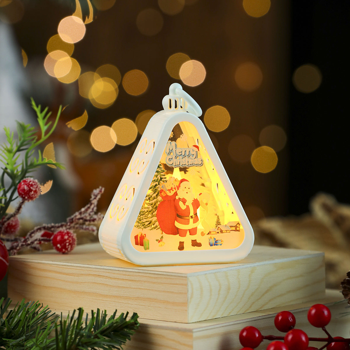Tree Shaped Christmas Decorations with Santa and a Snowy Scene | Hanging Light Box with On Off Switch | Warm Glow for Indoor Use