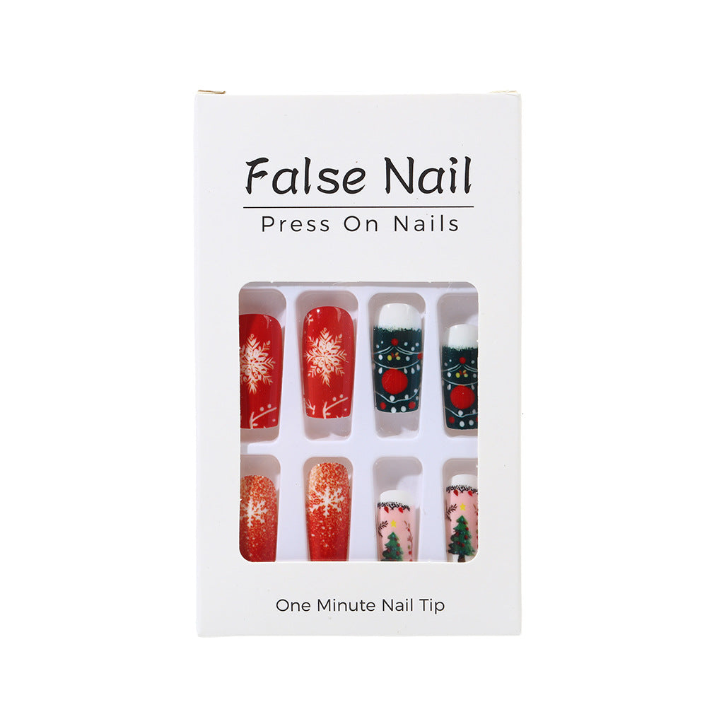 Christmas Tree Nails with Snowflake Motifs | Reusable Press On Nail Designs | Festive Winter Manicure for Parties