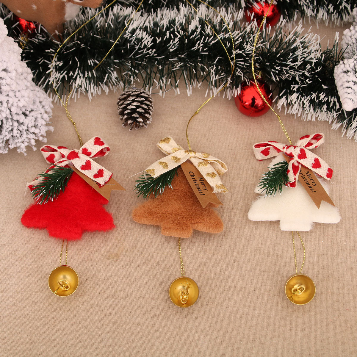 Felt Christmas Tree Ornament with Metal Bell and Merry Greeting | Gold Accent Ribbon and Hanging Cord | Door or Mantel Decorations