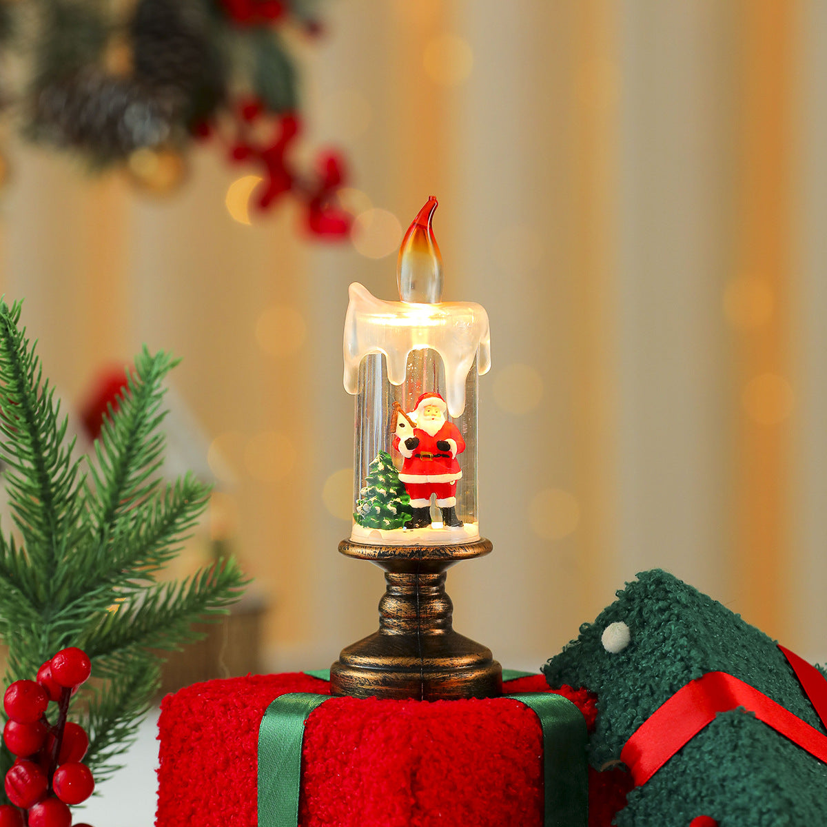 LED Christmas Candle Lights with a Santa or Tree Figure Inside | Warm White Glow on a Brass Look Stand | Switch Under the Base
