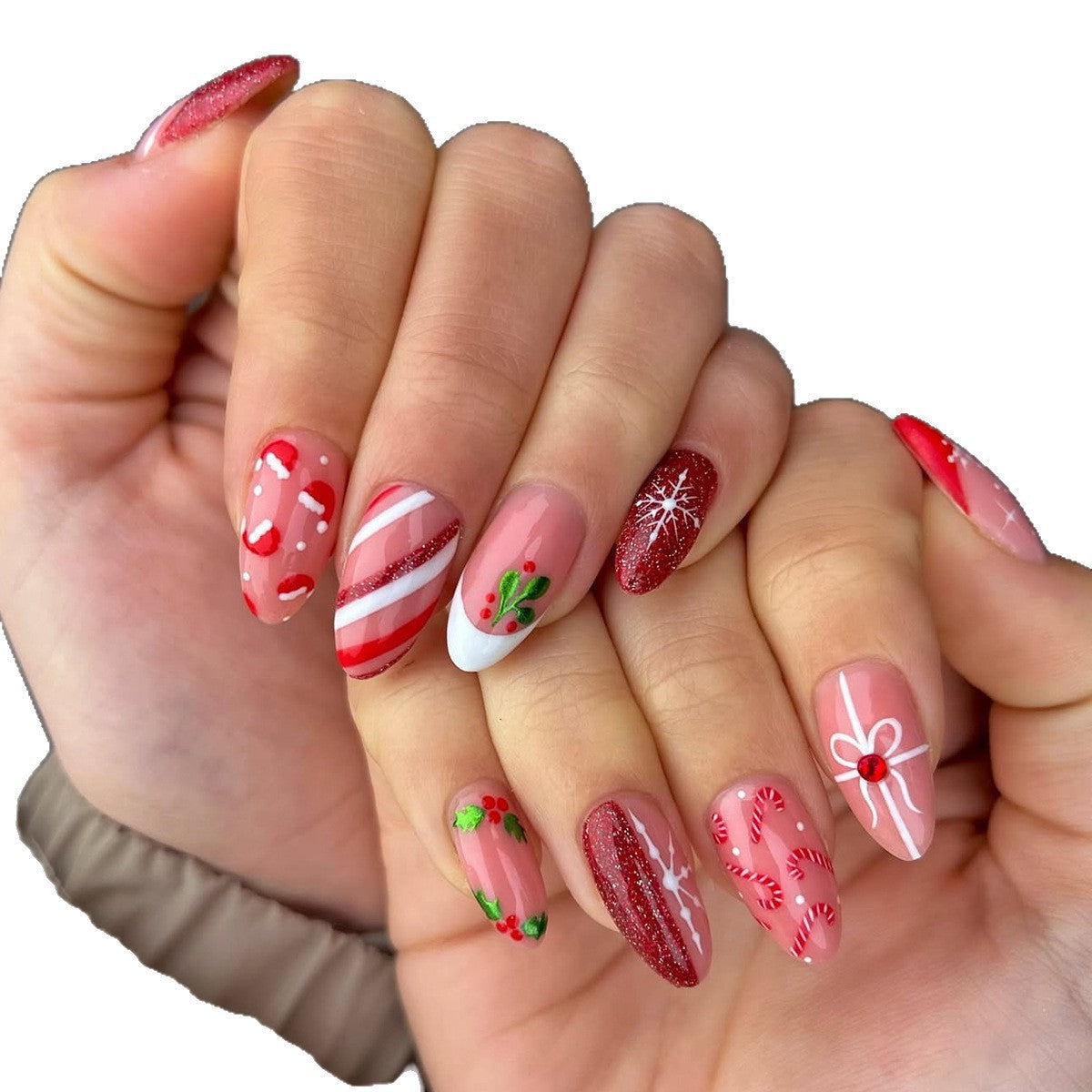 Candy Cane Nails with Christmas Snowflake Motifs | Glossy Press On Nail Designs | Festive Winter Manicure Kit for Home