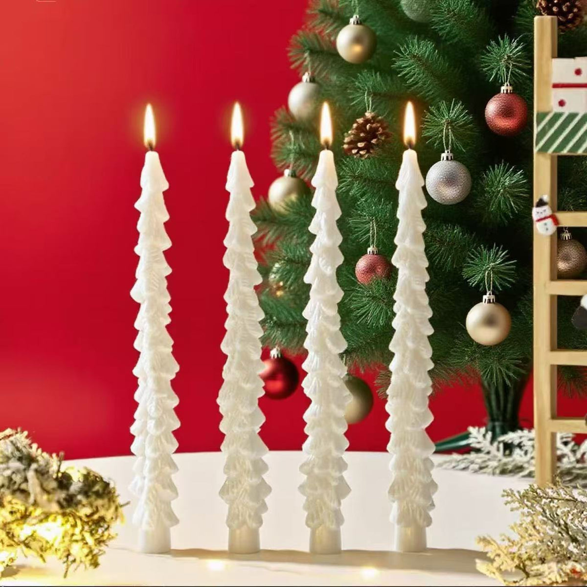Sculpted Christmas Tree Taper Candle with Layered Branches | Cotton Wick for a Clean Even Burn | Festive Table Decorations