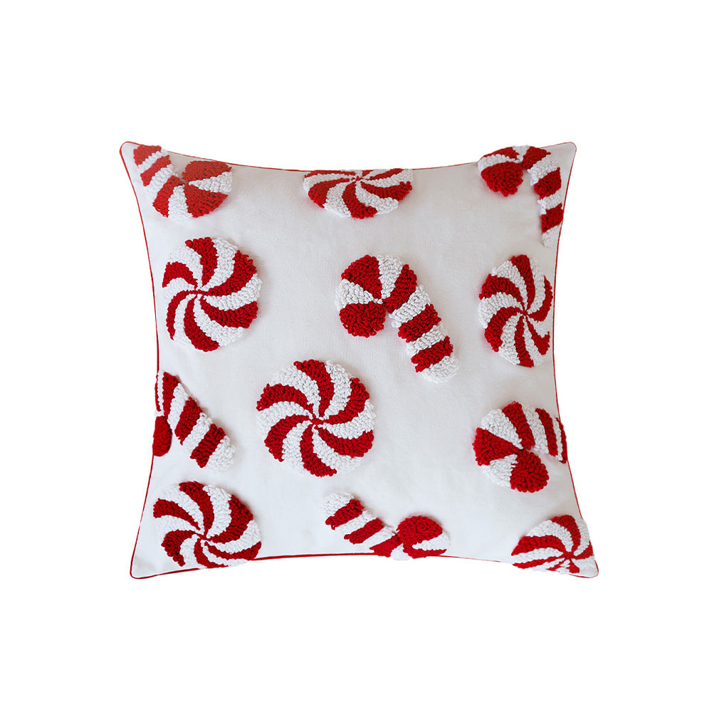 Hand Tufted Christmas Pillow Cover with Santa Hats and Candy Canes | Cotton Linen Blend, Piped Edge | Holiday Decorations