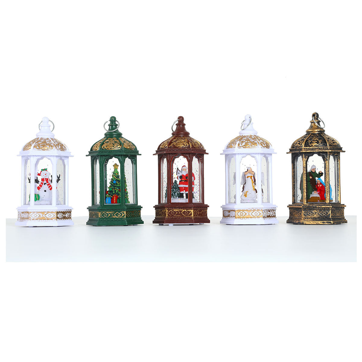 Ornate Christmas Lanterns with a Painted Holiday Figure Inside | Soft LED Light, Just Add Batteries | Cozy Accent for Any Room