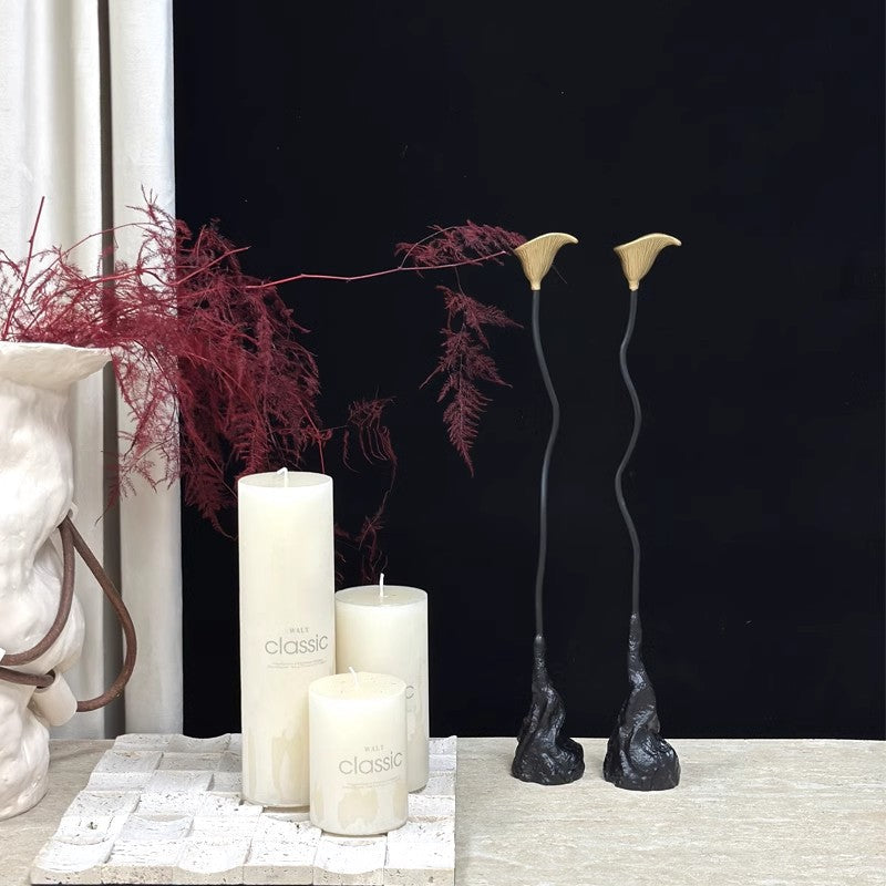 Abstract Candle Holder with Wavy Stem and Flared Cup | Cast Base for Shelf or Mantelpiece | Wipes Clean
