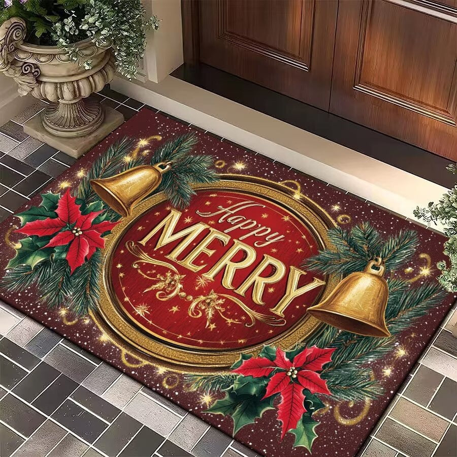 Christmas Door Mat with Bells, Holly and Red Bow Print | Durable Low Profile Entrance Rug | Three Sizes, Five Festive Designs