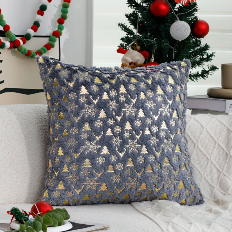 Velvet Pillow Cover with Metallic Deer and Tree Print | Hidden Zipper, Machine Washable | Christmas Decorations for Sofa