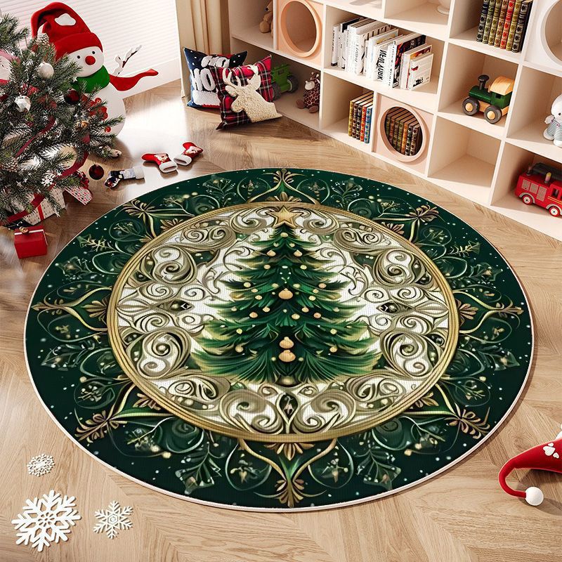 Christmas Tree Round Rug with Gifts and Snowflakes | Machine Washable Festive Floor Mat | Several Seasonal Sizes