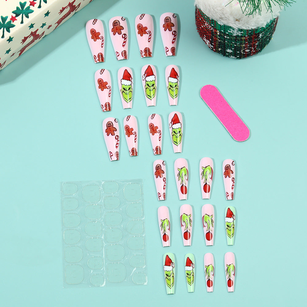 Gingerbread Nails with Santa Motifs | Glossy Christmas Press On Nail Tips | Festive Manicure for Holiday Parties