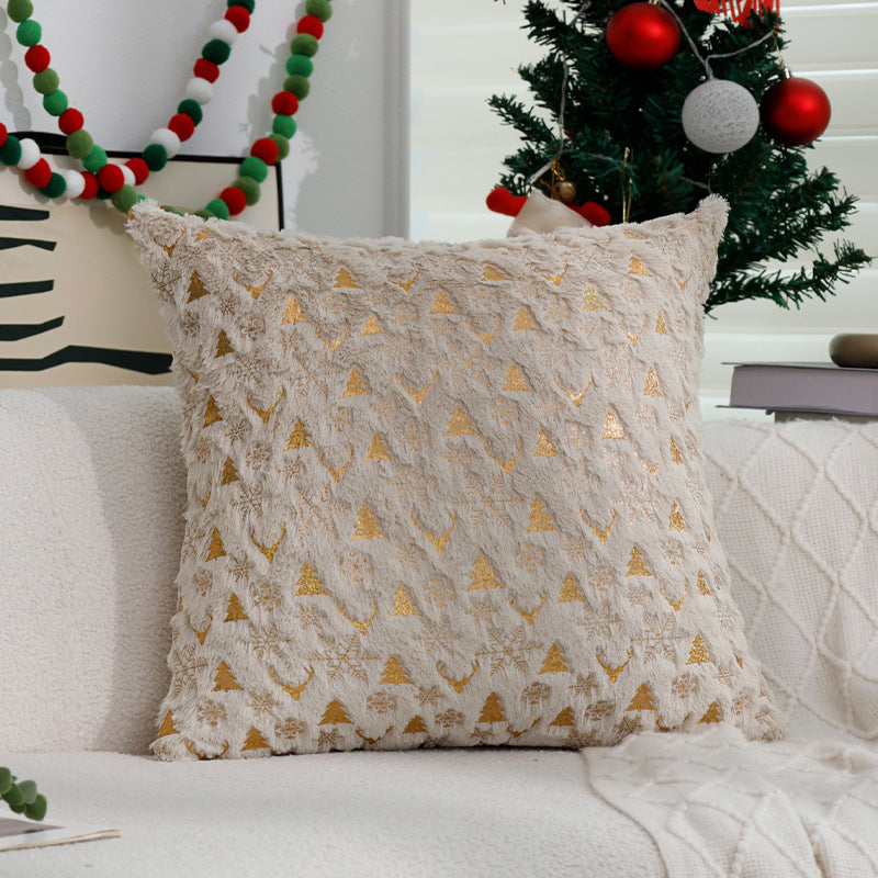 Gold Christmas Pillow Cover with Tree and Reindeer Print | Square Velvet Look Fabric, Hidden Zipper | Eight Designs in Three Sizes