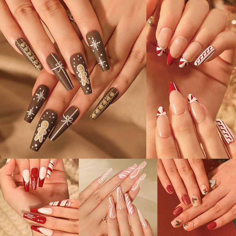 Christmas Holiday Nails with Gingerbread and Snowflake Art | Reusable Press On Set in Eight Colors | Skin Friendly Fit