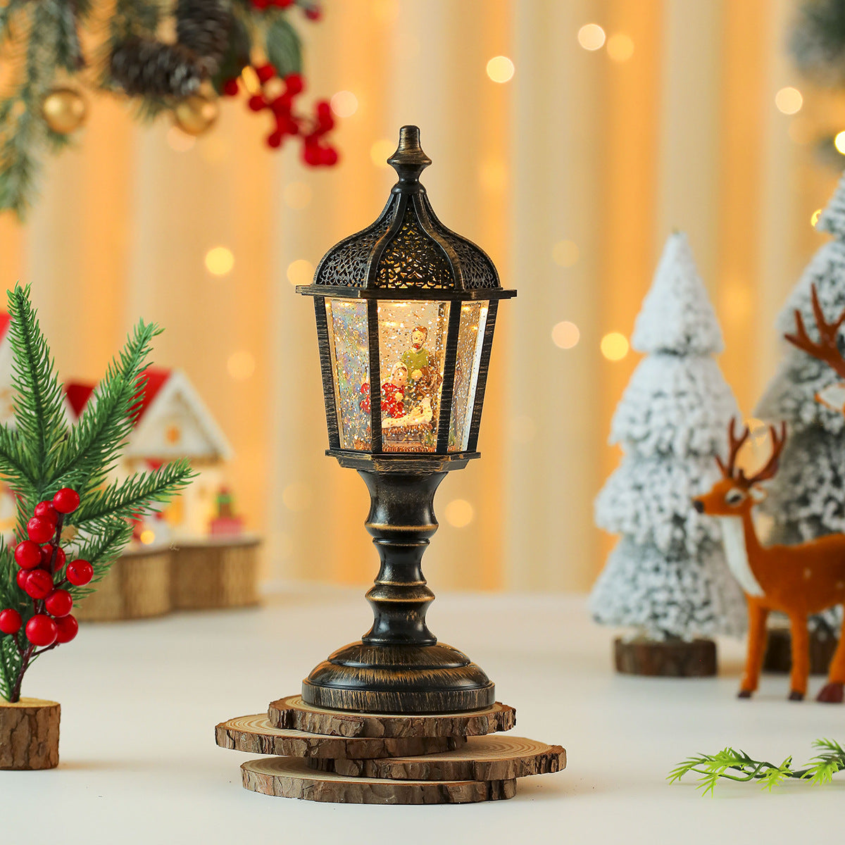 Street Lamp Style Christmas Lanterns with a Santa Scene | Detailed Winter Landscape Inside | Lightweight and Easy to Move