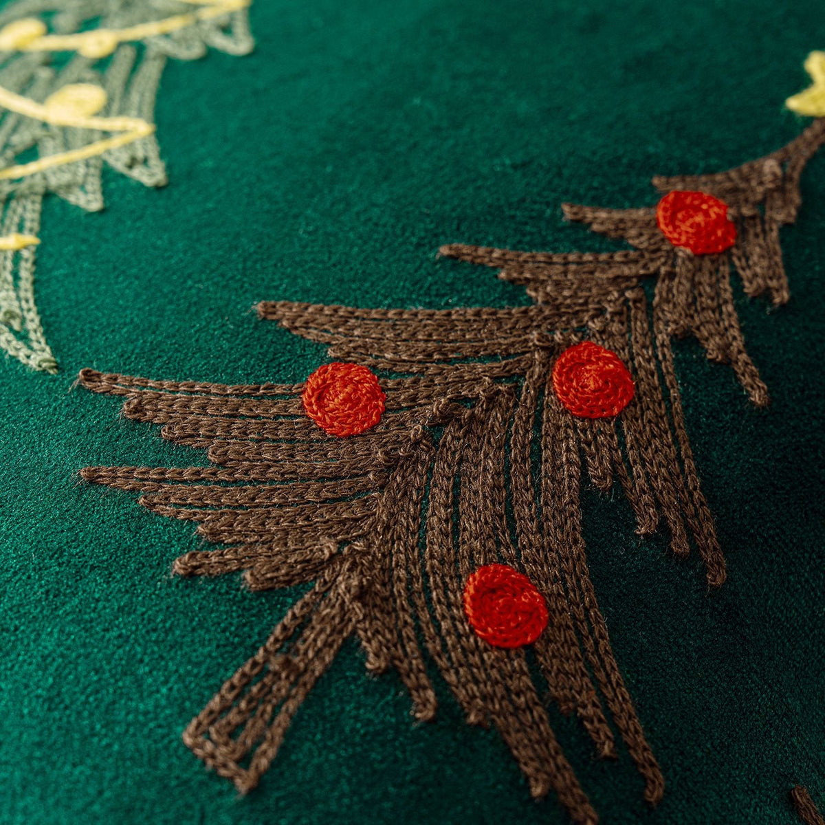 Velvet Christmas Pillow Cover with Embroidered Tree Motifs | Blanket Stitch Edge and Hidden Zipper | Sofa and Bed Decorations