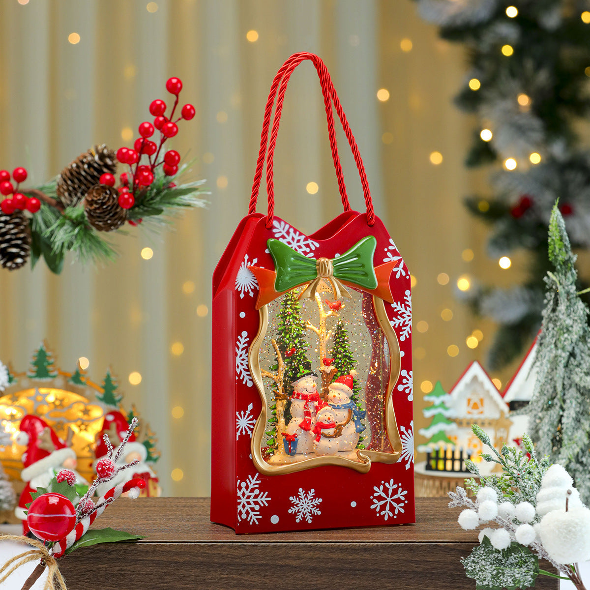 Christmas Gift Bag with a Santa Window Scene | Sturdy Paper with Twisted Handles and Glitter Trim | Doubles as Table Decorations