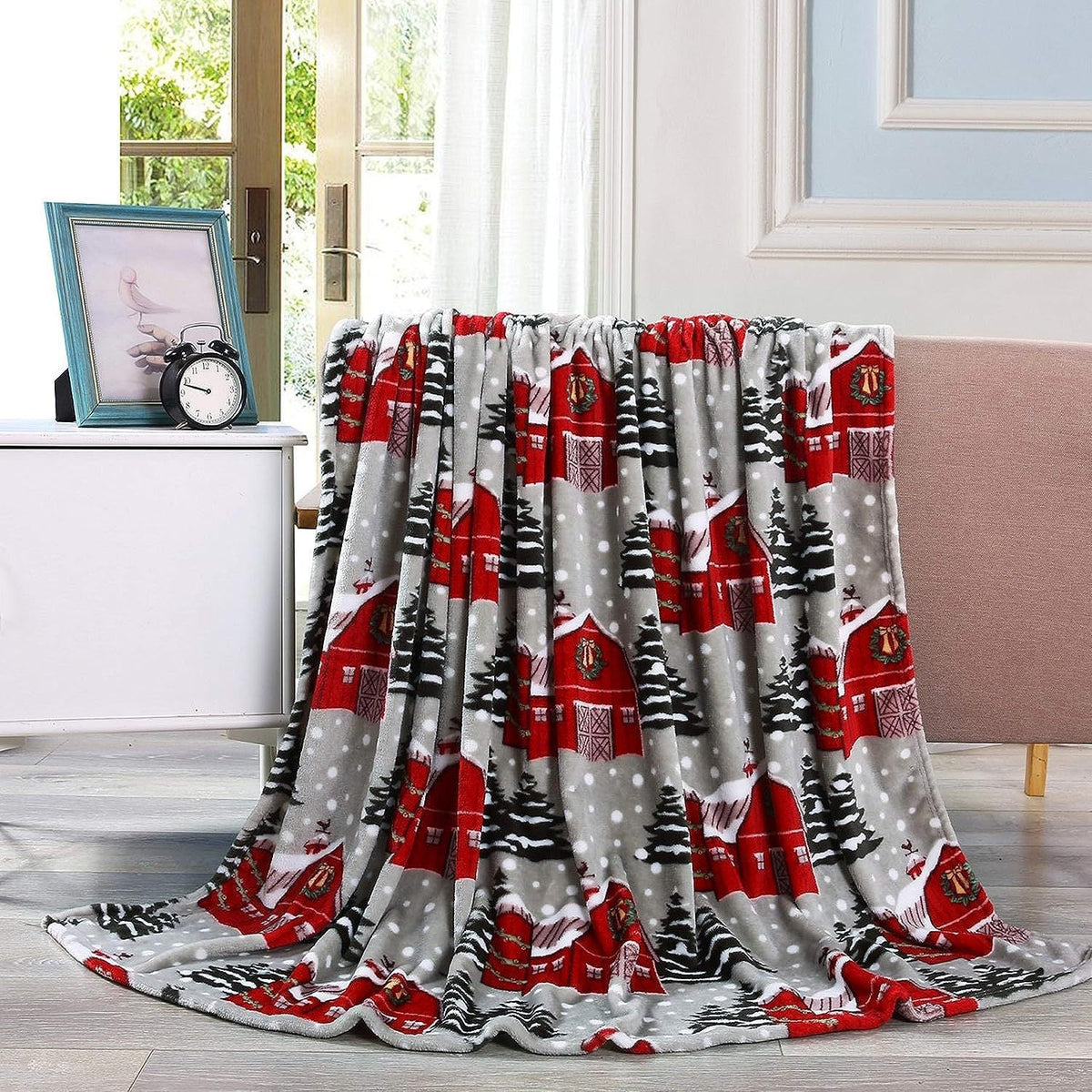 Santa and Snowman Plush Fleece Blanket in Blue | Soft Christmas Throw for Family Movie Nights | Two Sizes Available