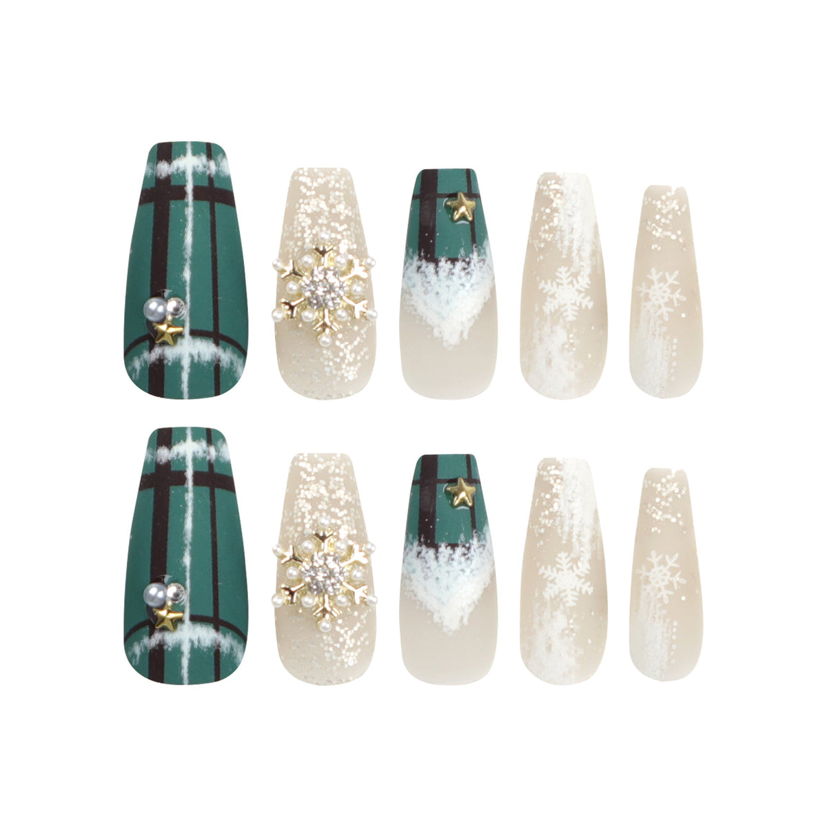 Christmas Nails Set with Snowflake and Glitter Art | Twenty Four Long Coffin Tips | Lightweight Fit with Glue Included