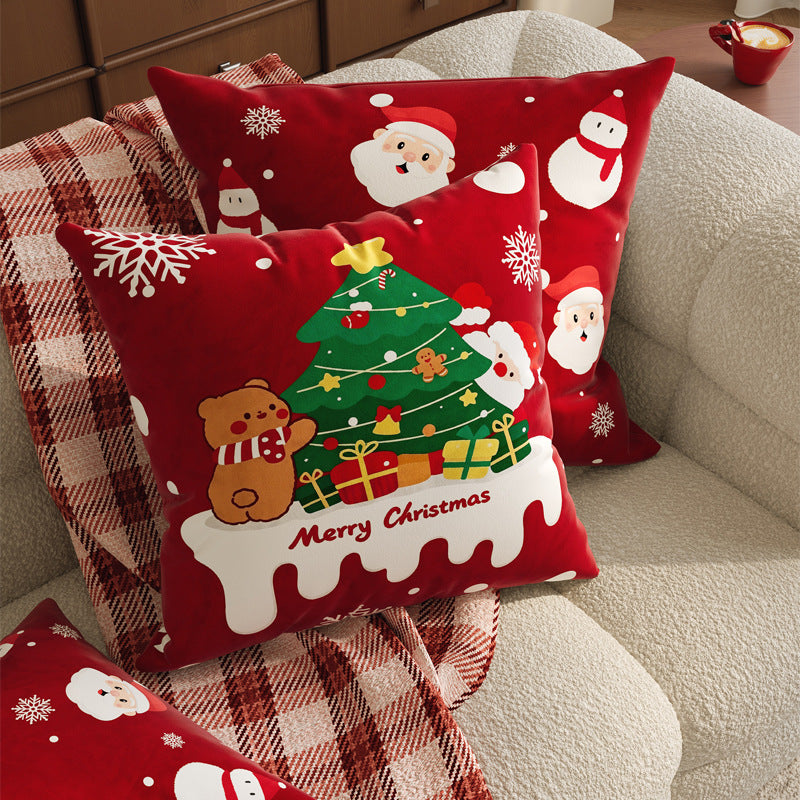 Velvet Christmas Pillow Cover with Plush Tree and Santa Print | Hidden Zipper, Colorfast Finish | Holiday Sofa Decorations