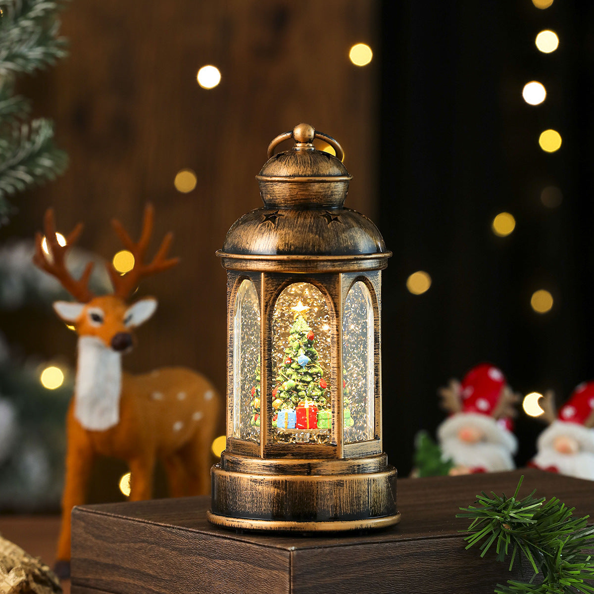 Snow Dusted Lantern with a Mini Christmas Tree and Gifts | Warm LED Lights, Battery Powered | Indoor or Outdoor Tabletop Decor