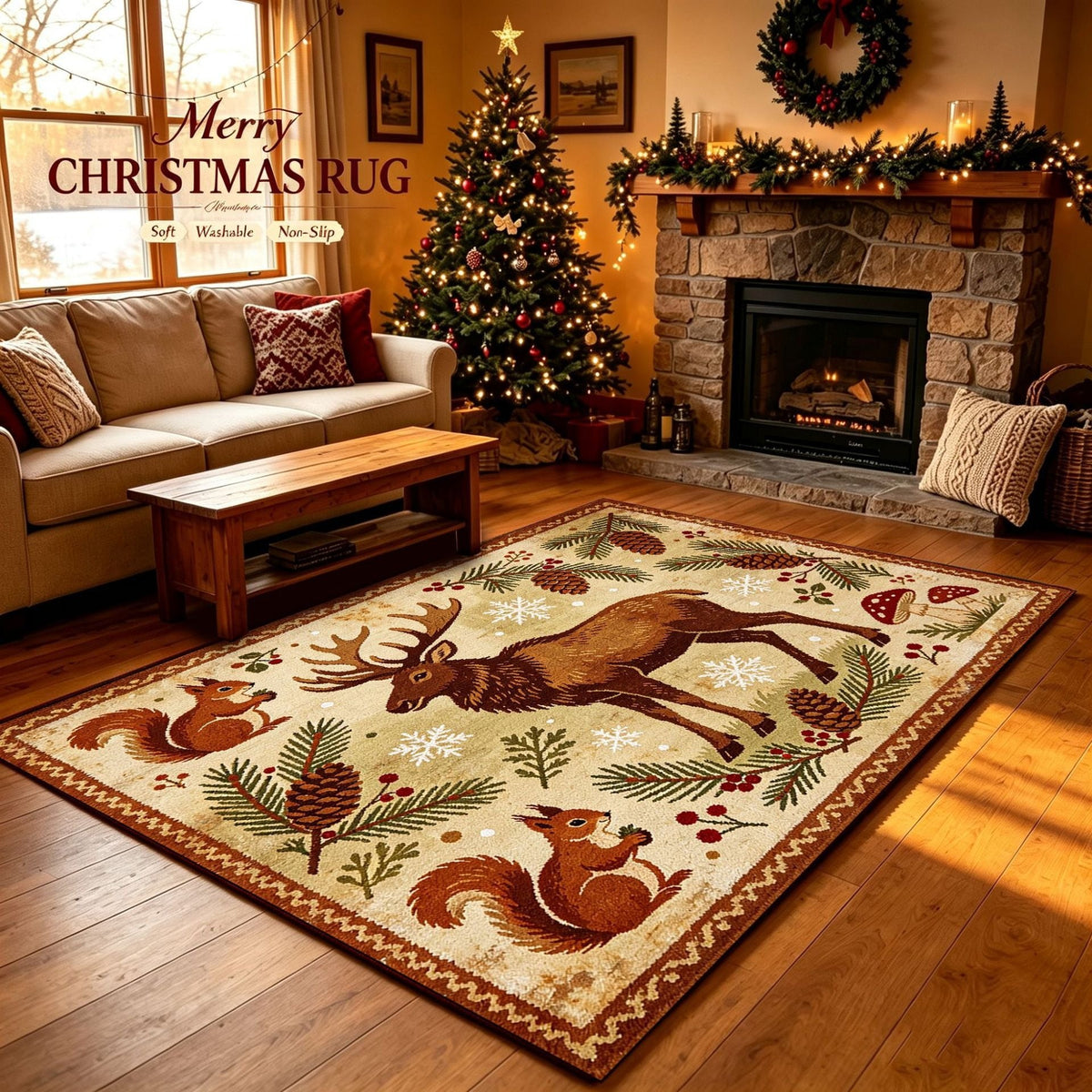 Christmas Area Rug with Snowflake and Pine Cone Pattern | Plush Soft Pile, Non-Slip Backing | Washable Holiday Floor Decor