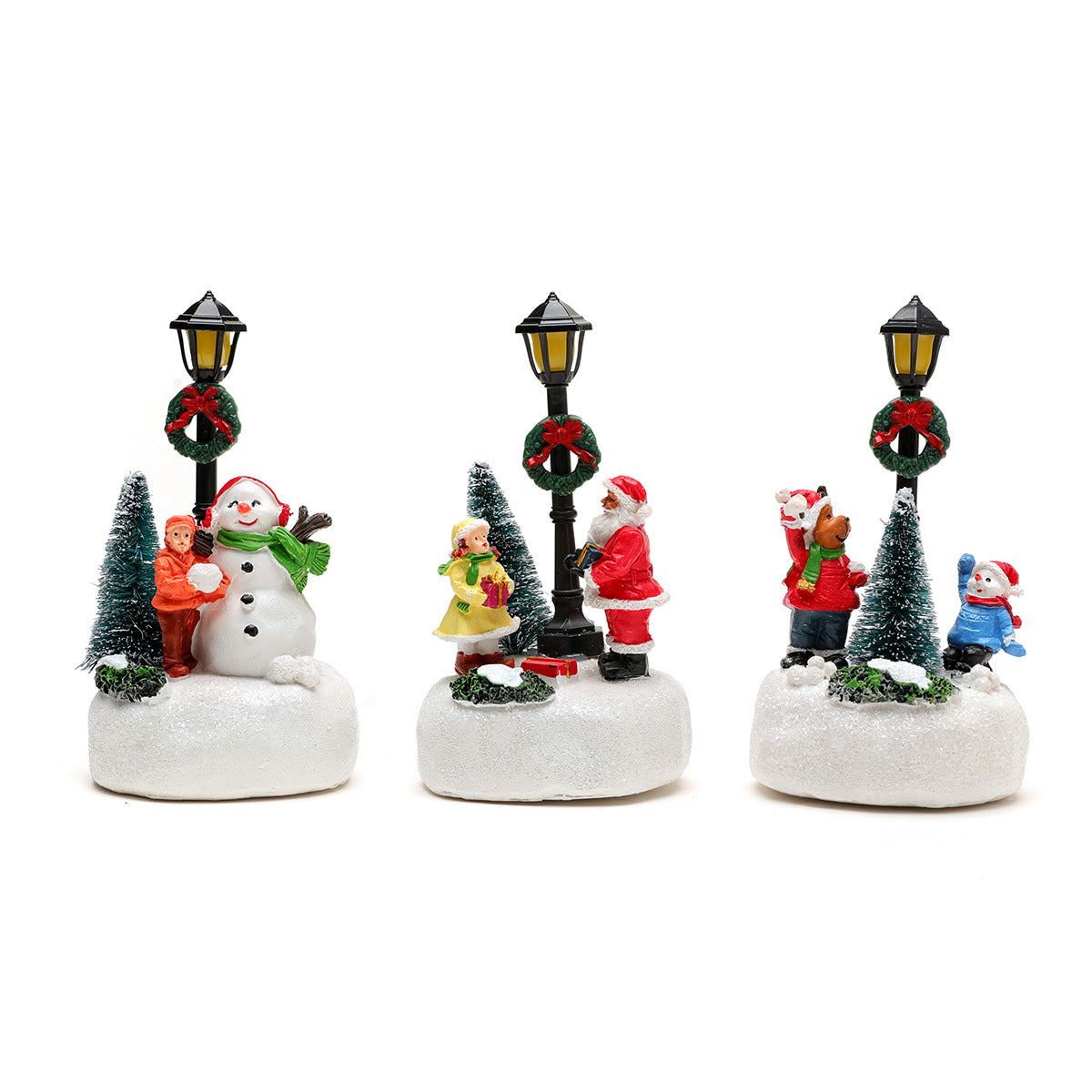 Christmas Village Figurines with LED Street Lamp | Snowman, Santa and Tree Scene | Resin Tabletop Holiday Decor