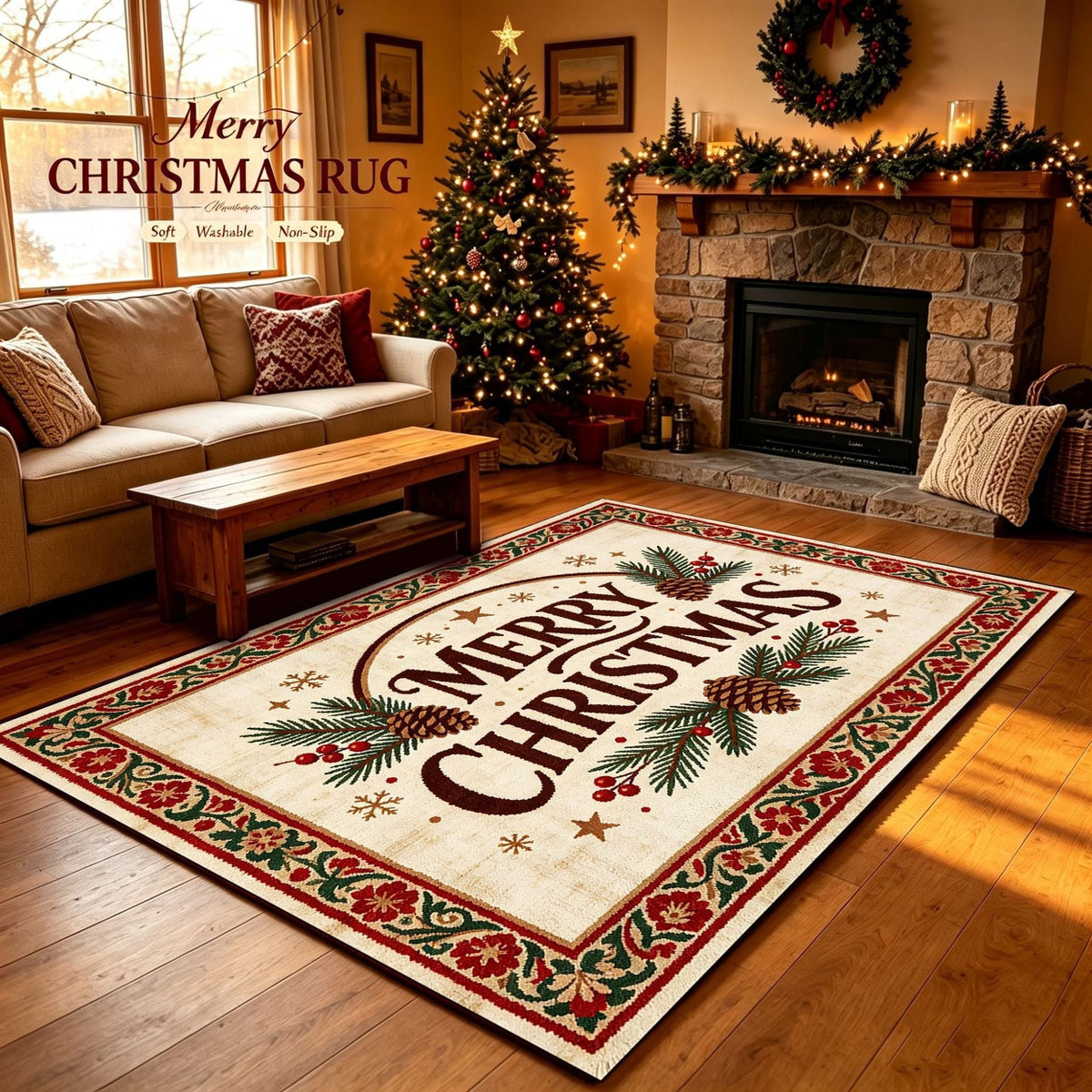 Christmas Area Rug with Snowflake and Pine Cone Pattern | Plush Soft Pile, Non-Slip Backing | Washable Holiday Floor Decor