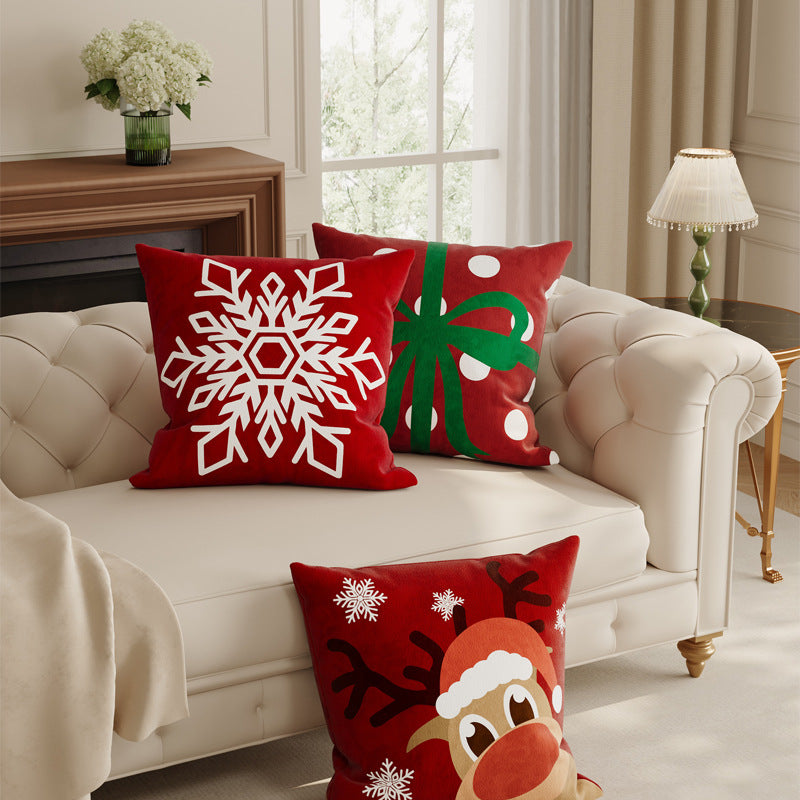 Plush Velvet Christmas Pillow Cover with Snowflake and Gift Bow Motifs | Hidden Zipper, Machine Washable | Holiday Decorations