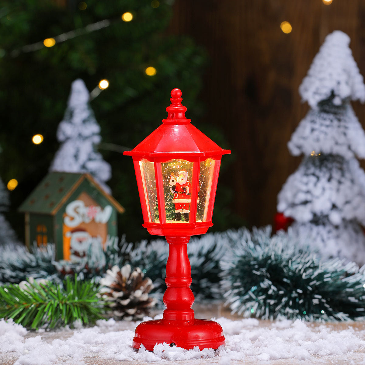 Street Lamp Lantern with Christmas Lights | Santa Figure Inside, in Red or White | Indoor and Outdoor Tabletop Decor