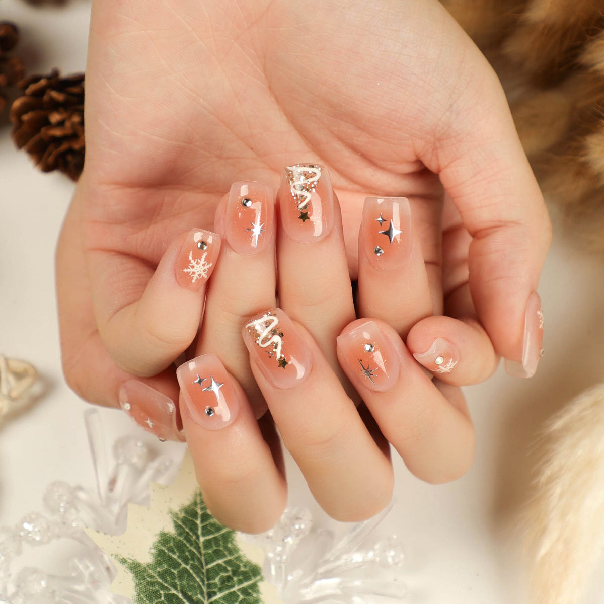 Neutral Christmas Nails with Snowflake and Star Art | Self Adhesive Press On Tips | Lightweight Fit for Daily Wear