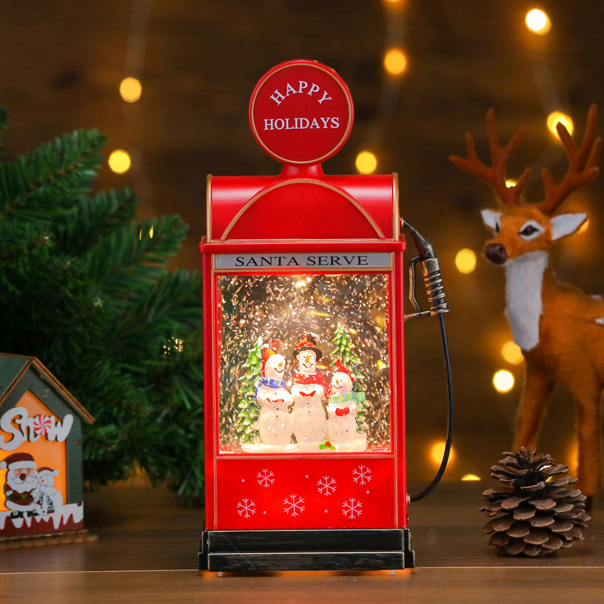 Santa Scene Lantern with Warm Christmas Lights | Battery Operated Tabletop Decor | Vintage Style and a Snowy Backdrop