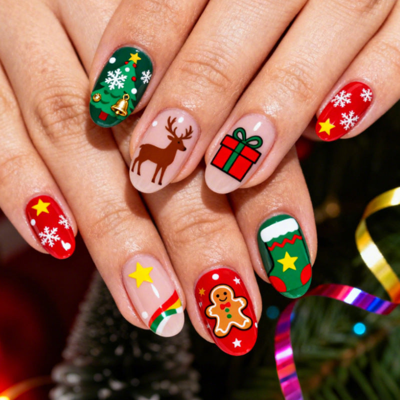 Star and Snowflake Christmas Fingernails with Santa Motifs | Glossy Press On Nails | Festive Winter Manicure Kit