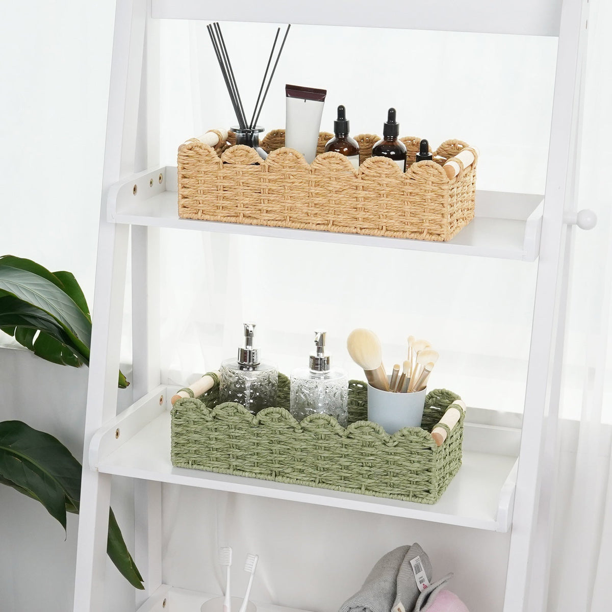 Woven Storage Caddy with Wooden Handles and Scalloped Rim | Paper Rope Basket for Kitchen and Bath | 2 Colors