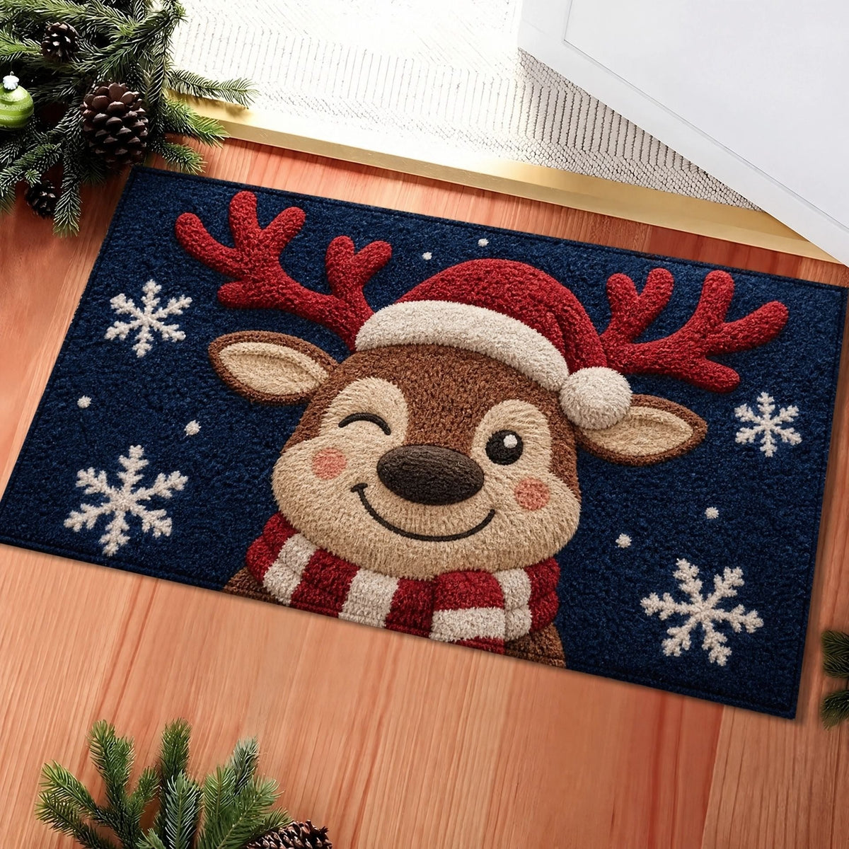 Christmas Door Mat with Santa, Reindeer and Gingerbread Prints | Non-Slip Backing, Weather Resistant Fibers | 4 Sizes