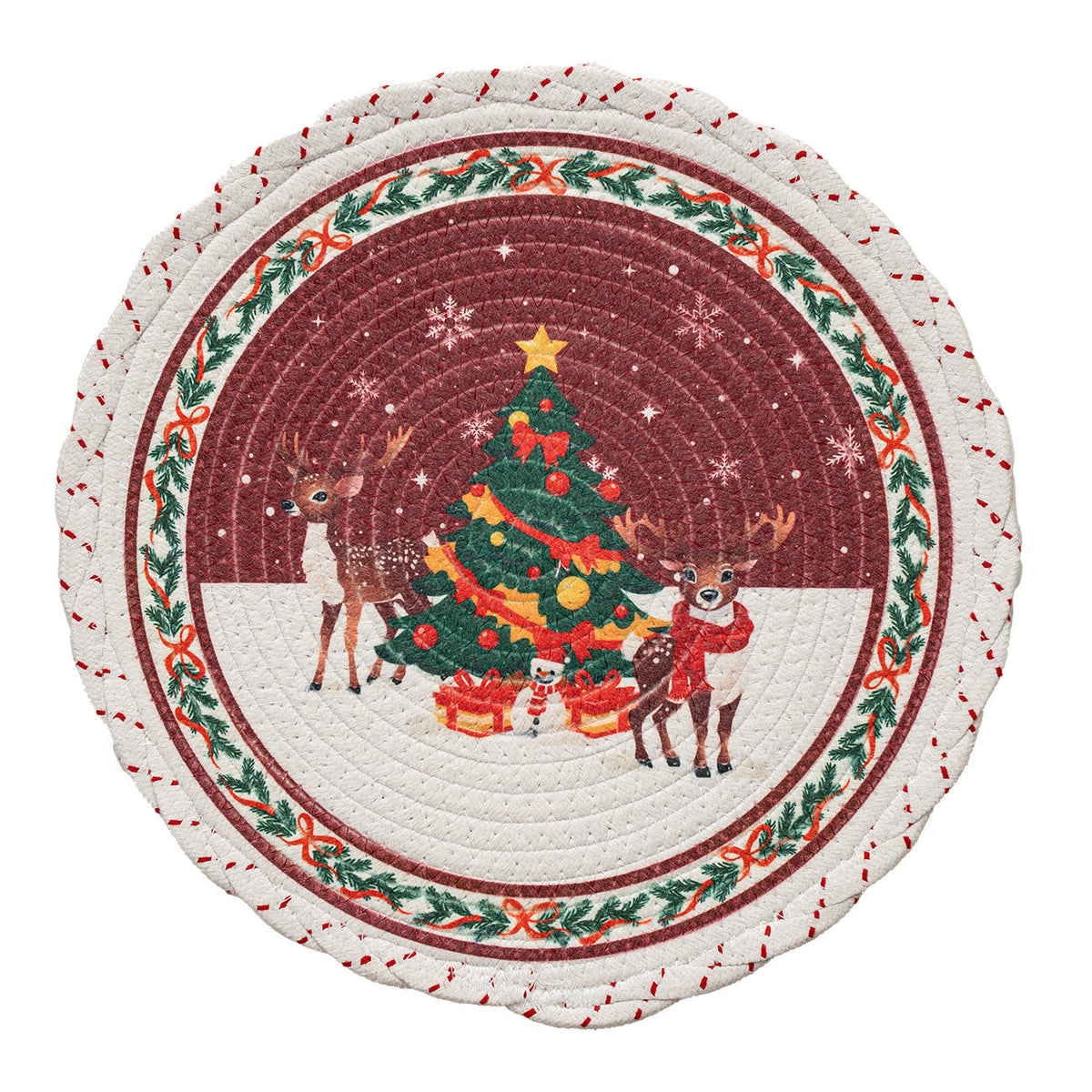Round Braided Christmas Placemats | Santa, Tree and Reindeer Prints in Six Designs | Woven Cotton Table Decorations