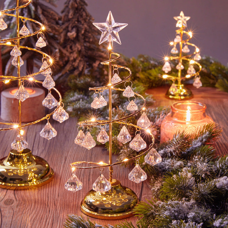 Spiral Mini LED Christmas Tree Lights with Clear Crystal Drops | Star Topper in Gold or Silver | Warm Tabletop Holiday Decor